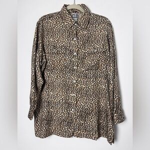 Vintage Clio Leopard Print 100% Silk Safari Utility Blouse Top Chest Pockets S/M